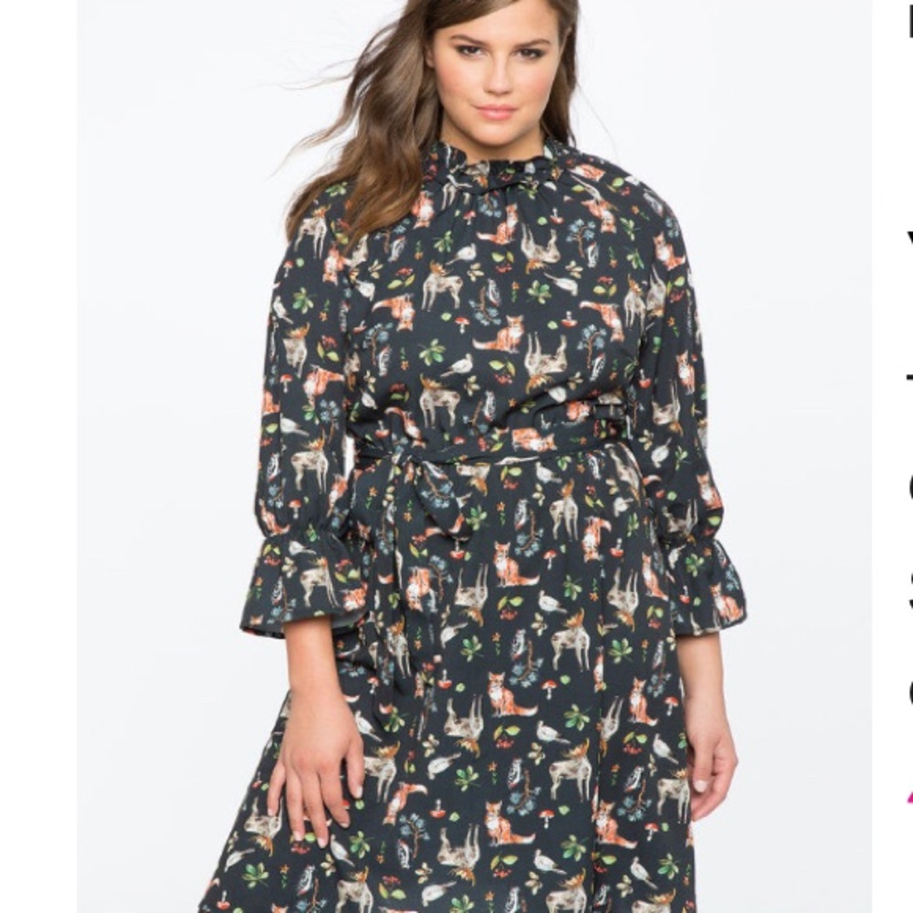 Eloquii Ruffle Detail Printed Dress with Tie Waist
